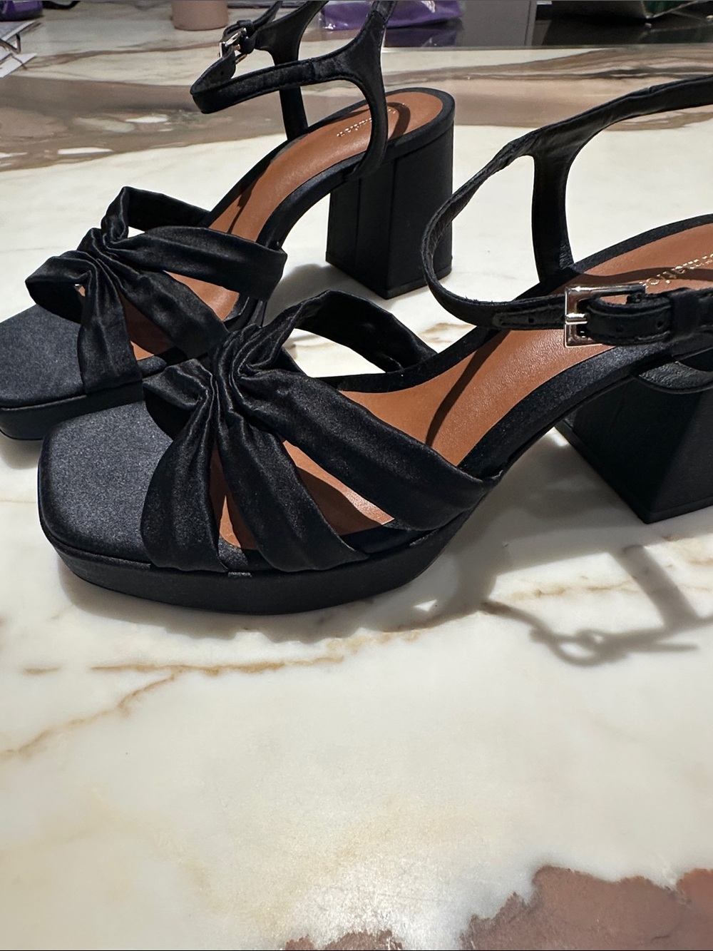 Reformation Black Knotted Satin Block Heel Sandals - Picture 3 of 6